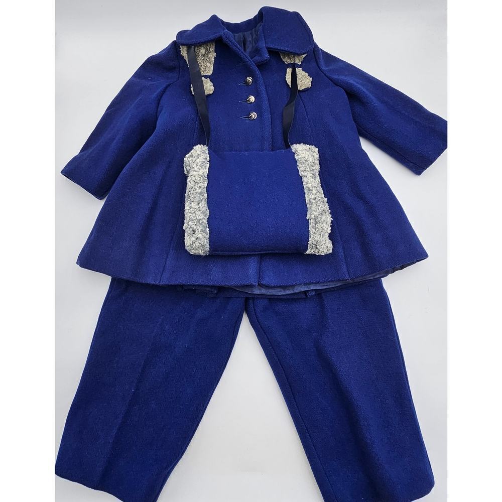 Vintage 50s/60s Girls 3T/4T Navy Blue Peacoat with Matching Pants & Hand Warmer